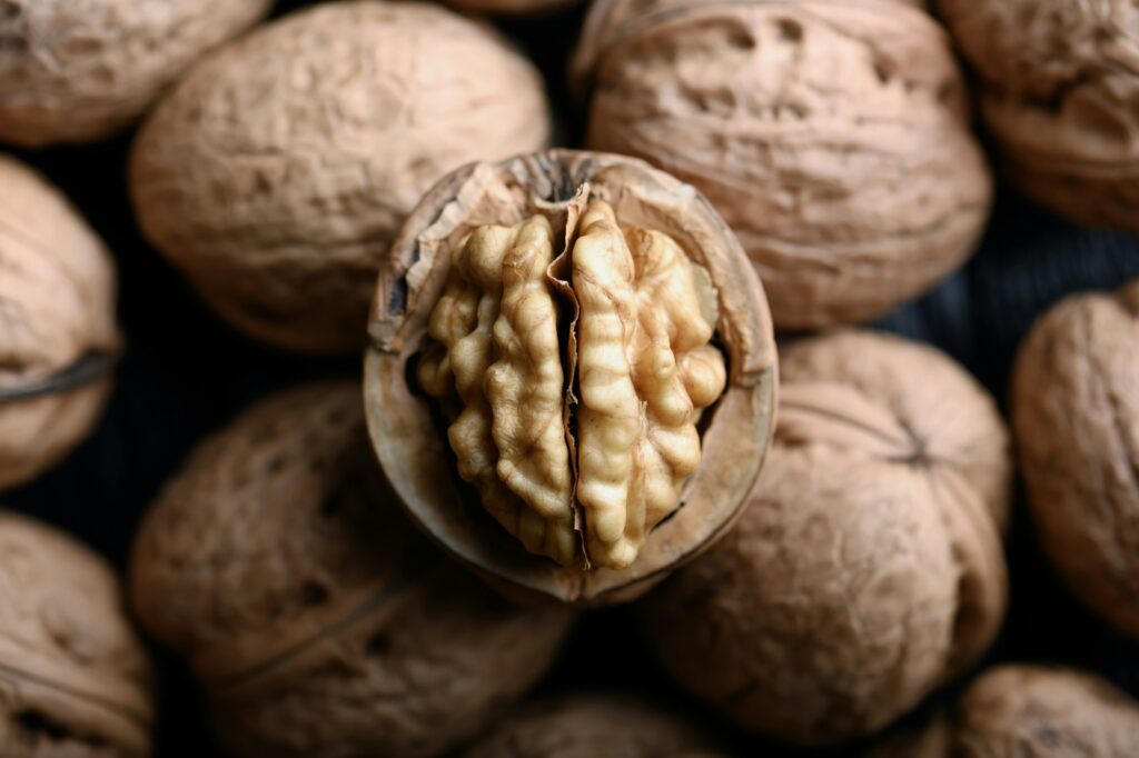 Cracked walnut with kernels on heap of whole walnuts